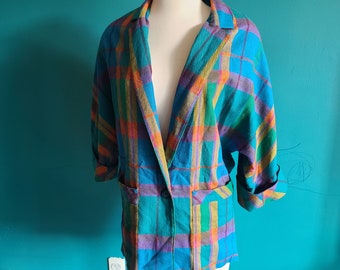 Size / Vintage womens 1980s blazer, dolman sleeve, volup, oversized, long line, pockets, plaid, rainbow