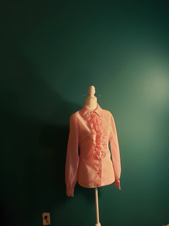 Pink ruffled button down, vintage blouse, vintage