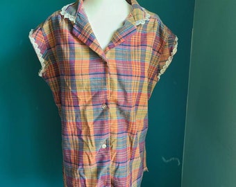 Size large XL / Vintage top, vintage button front top, madras plaid, lace, western, cottagecore, dark rainbow, 1980s, 1970s, volup vintage