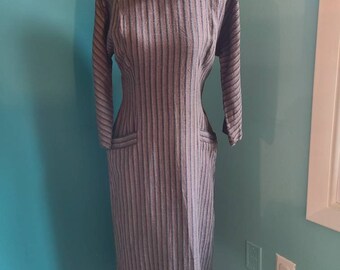 Size / 1950s dress, pinup, rockabilly, wiggle dress, dolman sleeve, striped, pinstriped, bow, dress with pockets, peck and peck