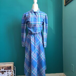 Size large Vintage 1980s plaid dress, pastel plaid dress, spring dress, cotton, vintage sun dress, retro, madras plaid, midi dress, volup