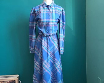 Size large Vintage 1980s plaid dress, pastel plaid dress, spring dress, cotton, vintage sun dress, retro, madras plaid, midi dress, volup