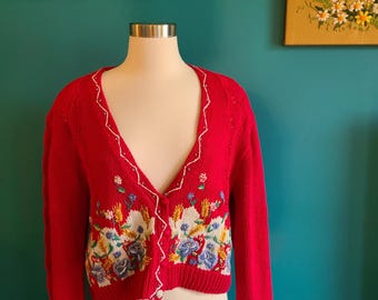 Vintage 90s cotton cardigan cottagecore novelty print medium