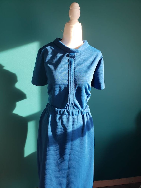 1960s skirt set, matching set, vintage set, size XL, teal, rolled collar, blue, mad men, top and skirt, size large, mod top