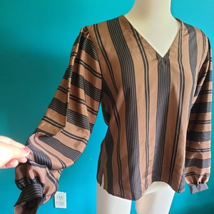 size medium/ Vintage 1980s 1990s brown and black striped blouse balloon sleeve v neck neutral office 80s does 40s