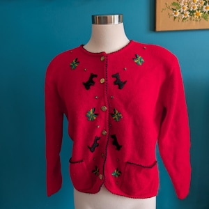 Vintage Tally Ho red acrylic cardigan Scottie dog butterfly Medium novelty acrylic kawaii
