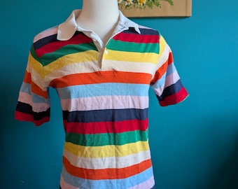 Vintage 70s 80s rugby striped rainbow polo size small medium single stitch