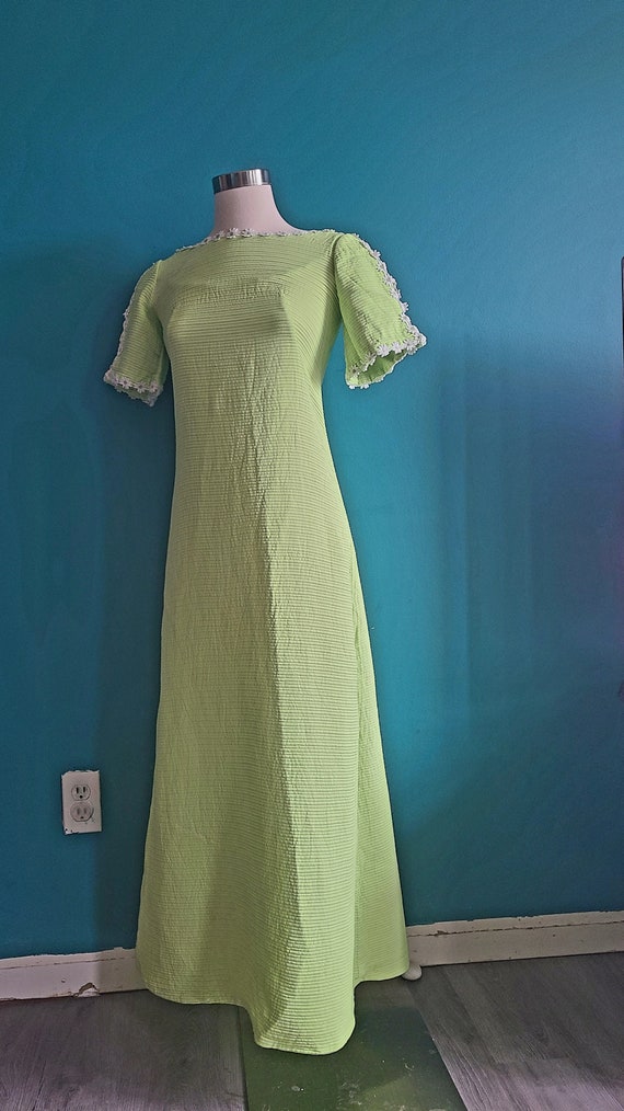 Vintage 1960s maxi dress, daisy print, green, wome