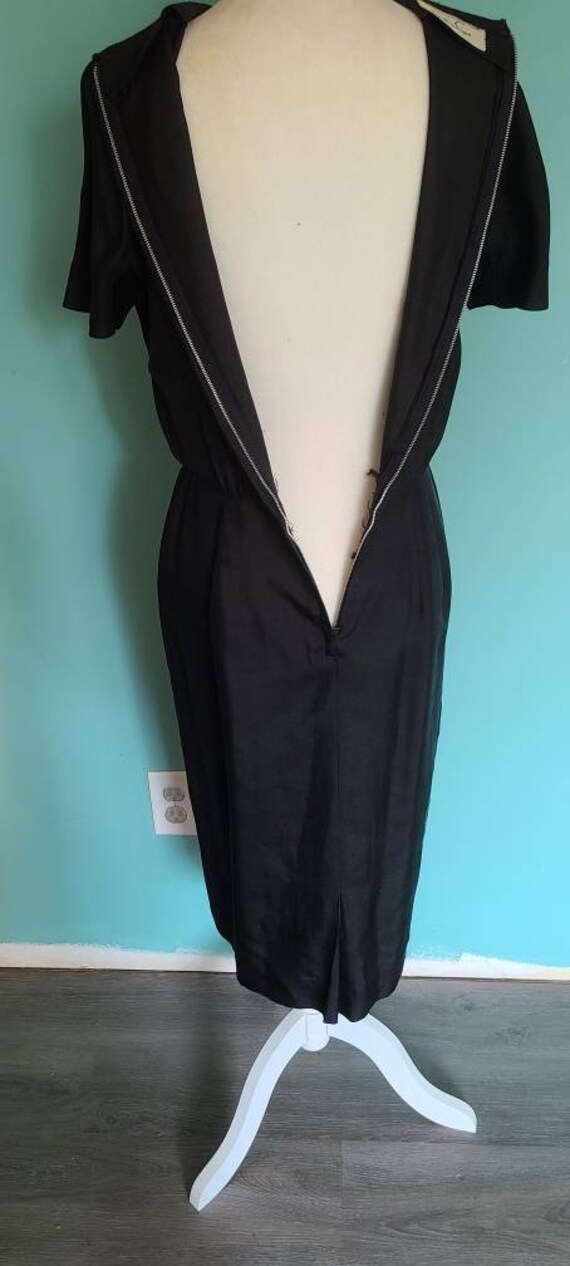 1950s black silk shantung dress, vintage silk dre… - image 4