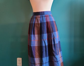 Vintage wool a-line skirt, size , plaid skirt, pleated, 80s wool skirt, wool midi skirt, tweed, aline skirt, fall colors, earth tones