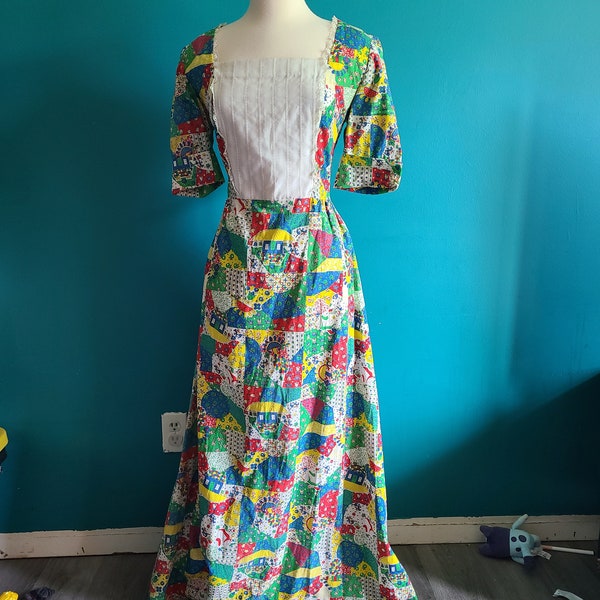 Vintage 1960s patchwork psychedelic maxi dress, novelty print dress, 1960s mod dress, volup vintage dress, plus size vintage, mock neck