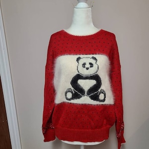 Size medium/ Vintage 1980s angora sweater, slouchy, fuzzy, cozy, volup, panda bear, novelty, kawaii