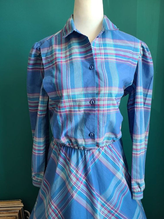Size large Vintage 1980s plaid dress, pastel plai… - image 3
