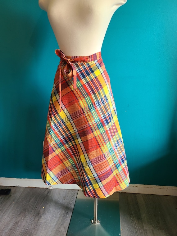 Vintage 1970s plaid wrap skirt madras plaid midi s