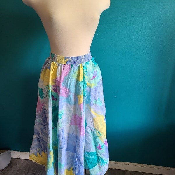 Size medium/ size large/ womens vintage circle skirt, 1980s, 80s, skirt with pockets, pastel, abstract, cotton, spring, midi skirt
