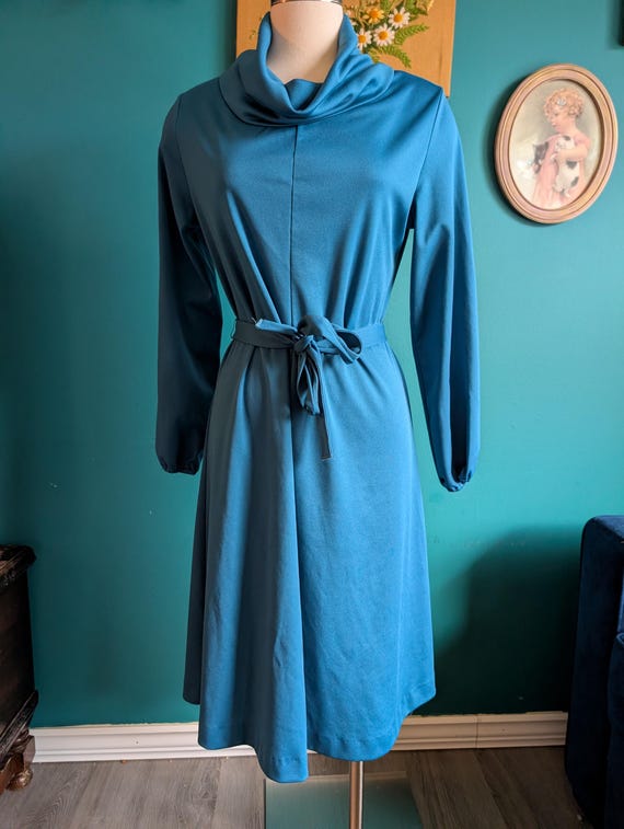 70's midi dress 70s Vintage Retro Dress Navy Blue Long Sleeve Midi La Vida Bohemia
