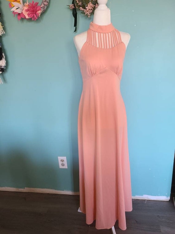 Vintage 70s Halter Maxi Dress: Peach Keyhole Prom Gown, Size Small