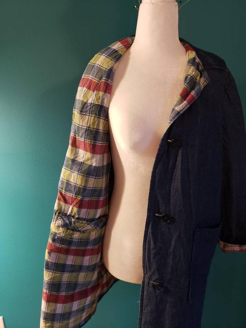 1960s Vintage Reversible Denim Chore Coat: Plaid Jacket image 2