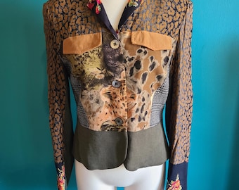 vintage cheetah leopard print button down jacket size medium 90s rayon Carole little cat print animal print