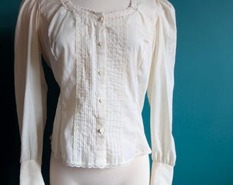 Vintage Cream Lace Blouse Long Sleeve Romantic Victorian Style Top 1970s