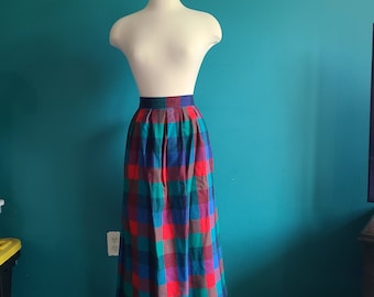 Volup vintage plus size rainbow purple pink teal colorful tartan plaid pendleton pleated wool midi skirt with pockets, winter wool skirt