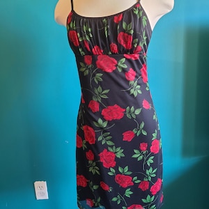 Vintage 90s y2k mesh rose print mini dress womens size medium dark floral goth 2000s