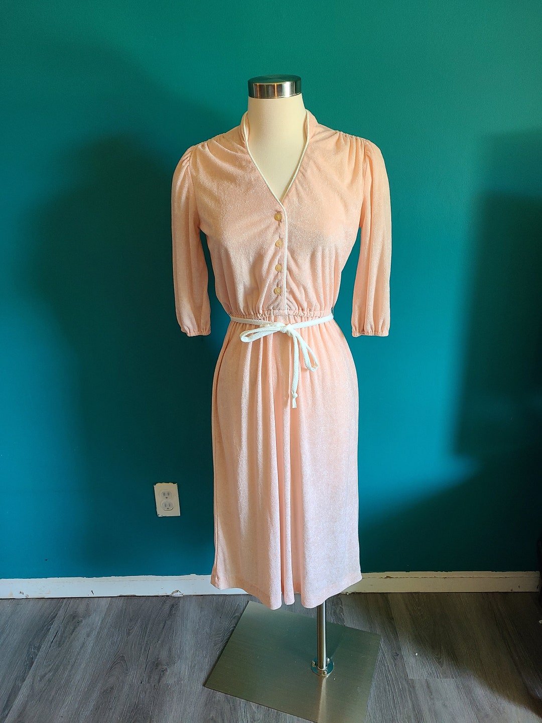 1970s Peach Terry Cloth Dress, Terry Lounge Dress, 70s Dress, 70s Midi