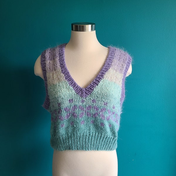 Vintage sweater vest, 80s, pastel, knit, chunky, cropped, women's, size small, size medium, spring