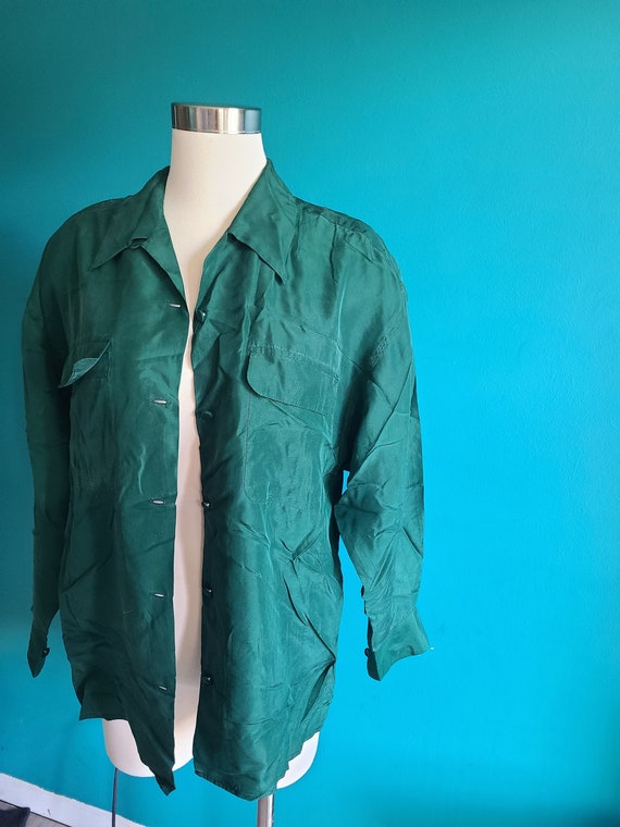 Vintage 90s oversized silk button down forest gree
