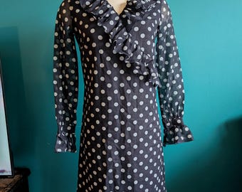 1960s mod polka dot dress, 60s dress, black and white, lbd, vintage dress