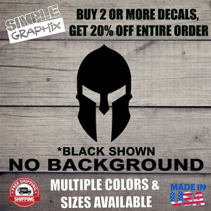 May include: Black and white silhouette of a Spartan helmet with the text "BUY 2 OR MORE DECALS, GET 20% OFF ENTIRE ORDER" and "*BLACK SHOWN NO BACKGROUND" and "MULTIPLE COLORS & SIZES AVAILABLE" and "MADE IN USA".