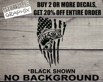 Large Mouth Bass Distressed American Flag vinyl Decal, Bumper Sticker, Fishing, Bass Fish, Tattered, Truck, Car, toolbox, Windows, Outdoors!