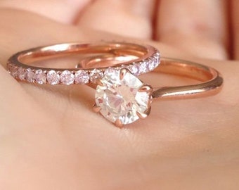 Gorgeous Moissanite Solitaire Twin Ring with White Accents in Rose-Gold Finish 1.25 ct Anniversary Promise,Engagement Ring in 14k Gold