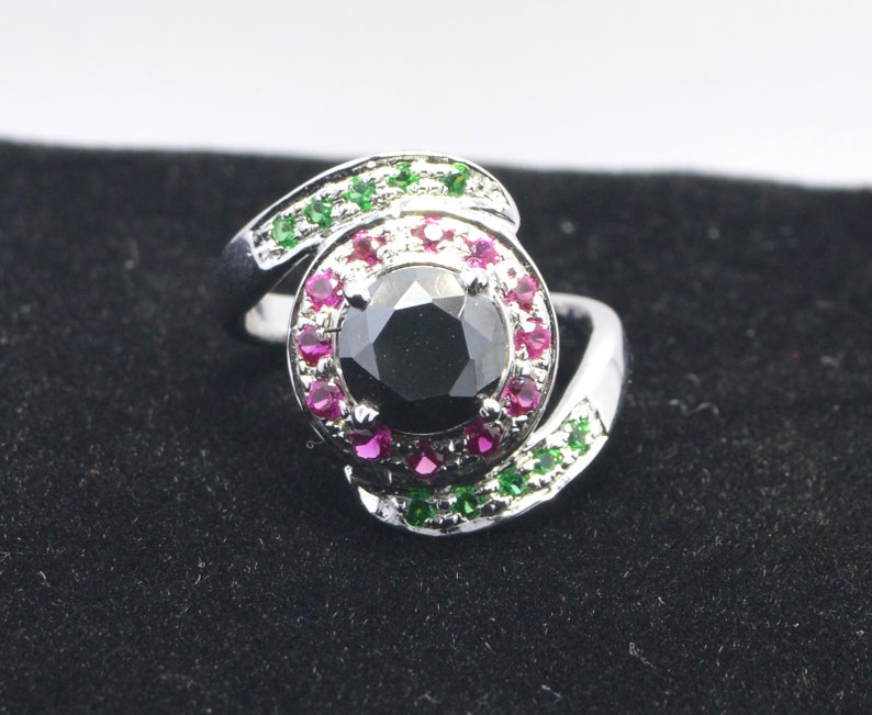 3c Round Shape Black Diamond Solitaire Engagement Ring,Wedding Ring With Ruby and Panna Accents