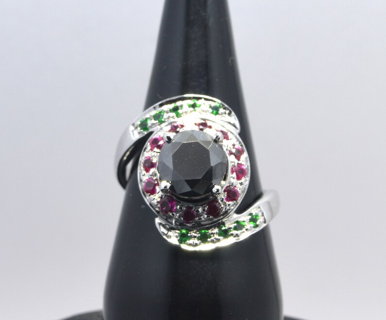 3c Round Shape Black Diamond Solitaire Engagement Ring,Wedding Ring With Ruby and Panna Accents