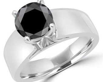 2 Carat Certified, Round Brilliant Cut Black Diamond Ring in 925 Silver! Great Shine and Excellent Cut, Ideal Gift For Birthday/Anniversary