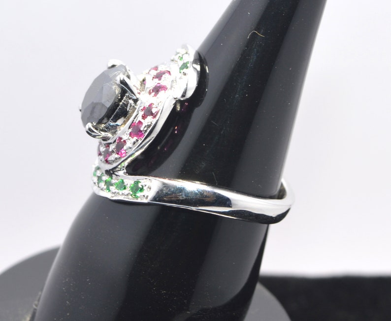 3c Round Shape Black Diamond Solitaire Engagement Ring,Wedding Ring With Ruby and Panna Accents