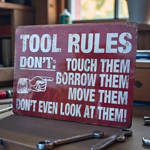 A distressed red metal sign with white text reading TOOL RULES and listing rules about not touching, borrowing, moving, or looking at tools, placed on a wooden workbench surrounded by scattered wrenches.