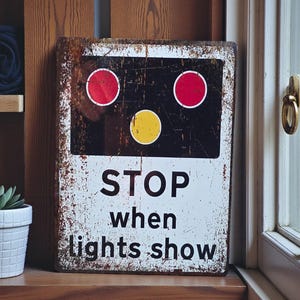 May include: A distressed metal sign with the text "STOP when lights show." The sign has a black panel with two red and one yellow circle. The sign has a vintage, weathered look, suggesting it's an antique.