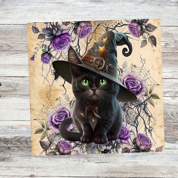 Halloween Witches Cat, Gothic Purple Floral Decor Sign , Metal Wreath Plaque,Cat Lover Gift