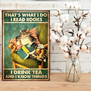 Book Cat Tea lover vintage home art gift Metal sign plaque