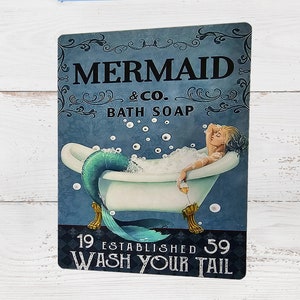 Mermaid wash your tail  Retro Bathroom metal wall sign plaque