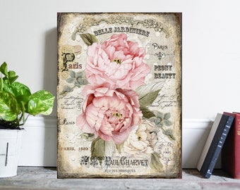 May include: Vintage floral print with pink peonies and green leaves on a textured background. The text "Belle Jardiniere" and "Paris" is visible.