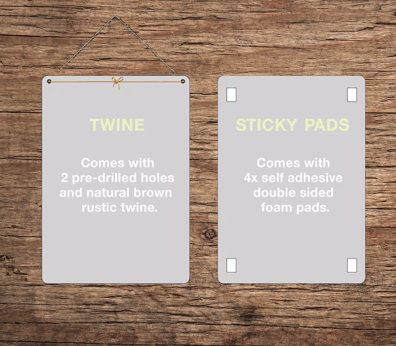 May include: Two rectangular signs with text on a wooden background. One sign reads "TWINE" and includes natural brown twine. The other sign reads "STICKY PADS" and includes self-adhesive foam pads.