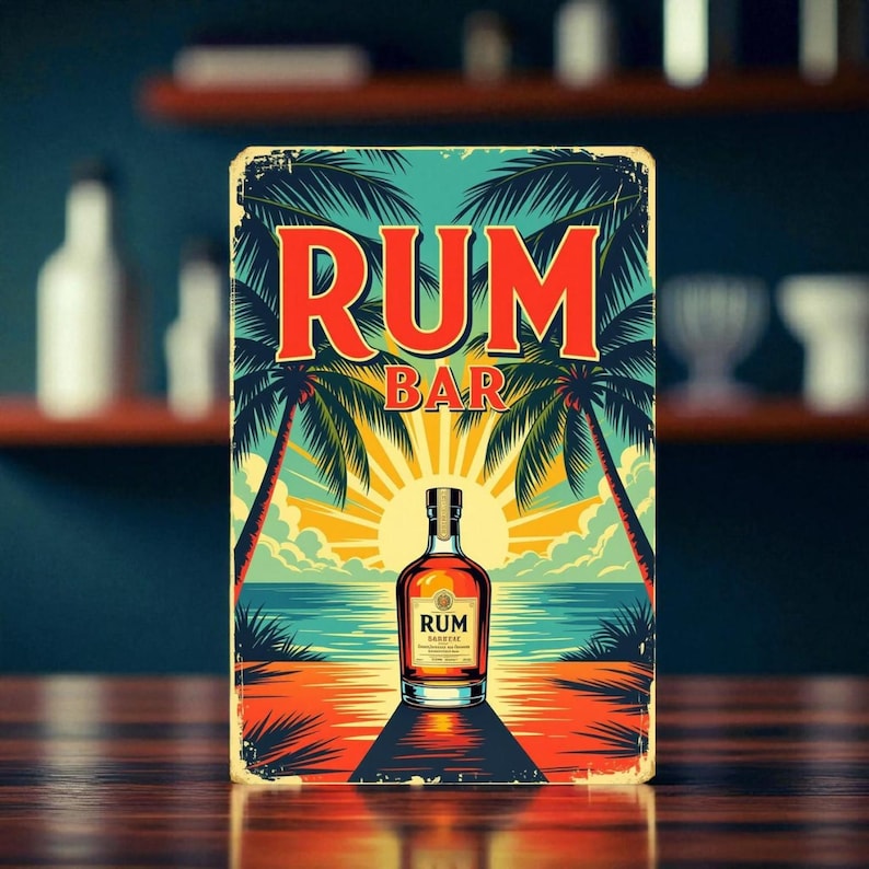 May include: Rectangular metal sign with a vintage design. The sign features the words "RUM BAR" in red, with a tropical beach scene and a bottle of rum. The background includes palm trees, a sunset, and the ocean.