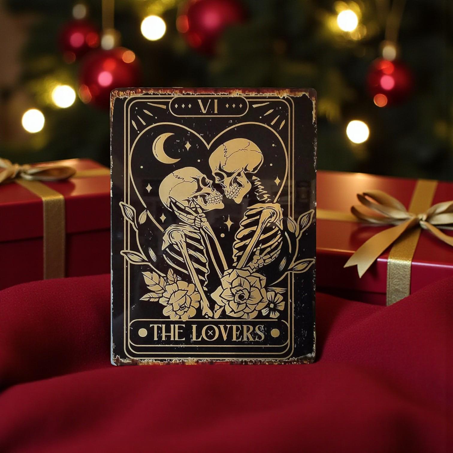 Wandbehang „The Lovers“ Tarotkarte – Leinwanddruck 35,6x47 Cm, Gotisches Design Mit Skeletten & Rosen