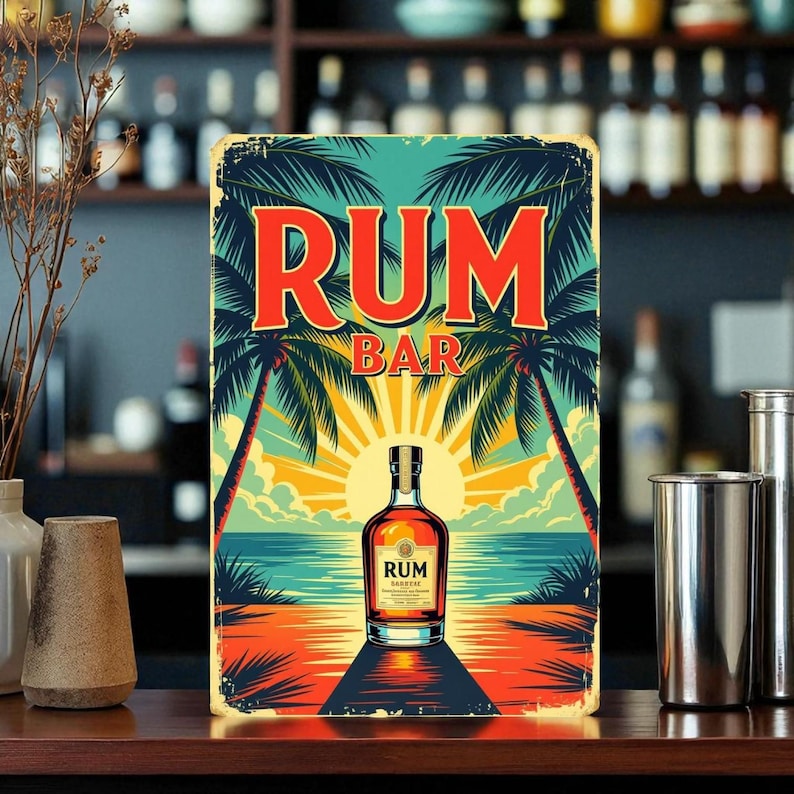 May include: A vintage-style metal sign with the words "RUM BAR" in red. The sign features a tropical beach scene with palm trees, a sunset, and a bottle of rum. The sign is rectangular and has a distressed finish.