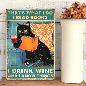 Book Cat Wine lover vintage home art gift Metal sign plaque