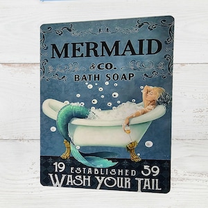 Mermaid wash your tail  Retro Bathroom metal wall sign plaque