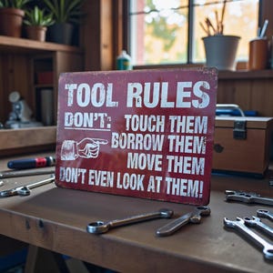 A distressed red metal sign with white text reading TOOL RULES and listing rules about not touching, borrowing, moving, or looking at tools, placed on a wooden workbench surrounded by scattered wrenches.